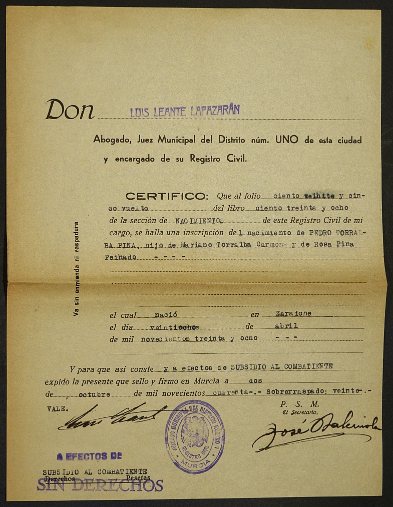 Expediente nº 104/1940 de beneficiario del subsidio al combatiente de Mariano Torralba Carmona